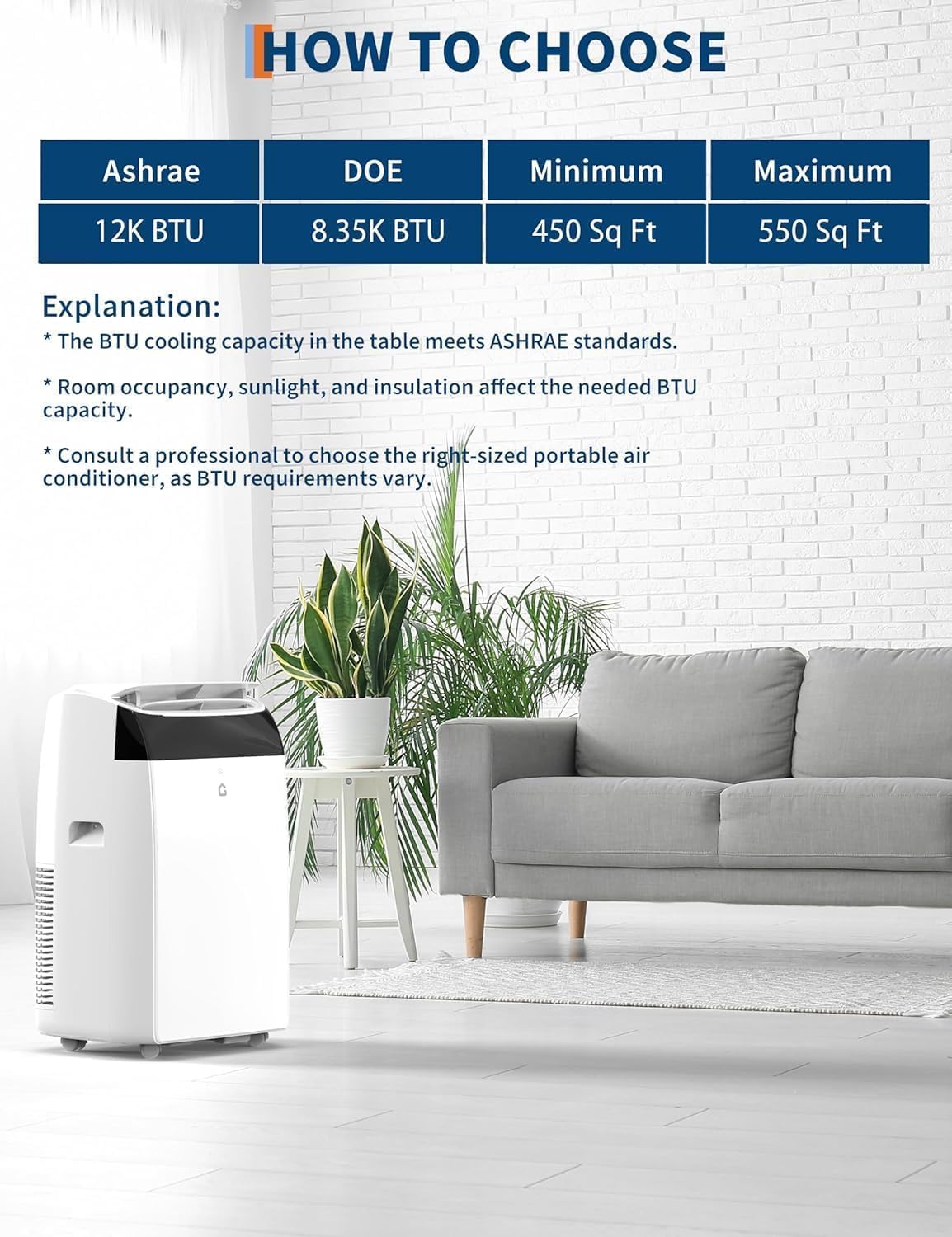 12,000 BTU Smart Portable Air Conditioner for 550 sq.ft with Drain-Free Cooling, Dehumidifier & Fan Modes, 48dB Quiet, Remote Control & 24H Timer, Easy Window Kit, Washable Filter