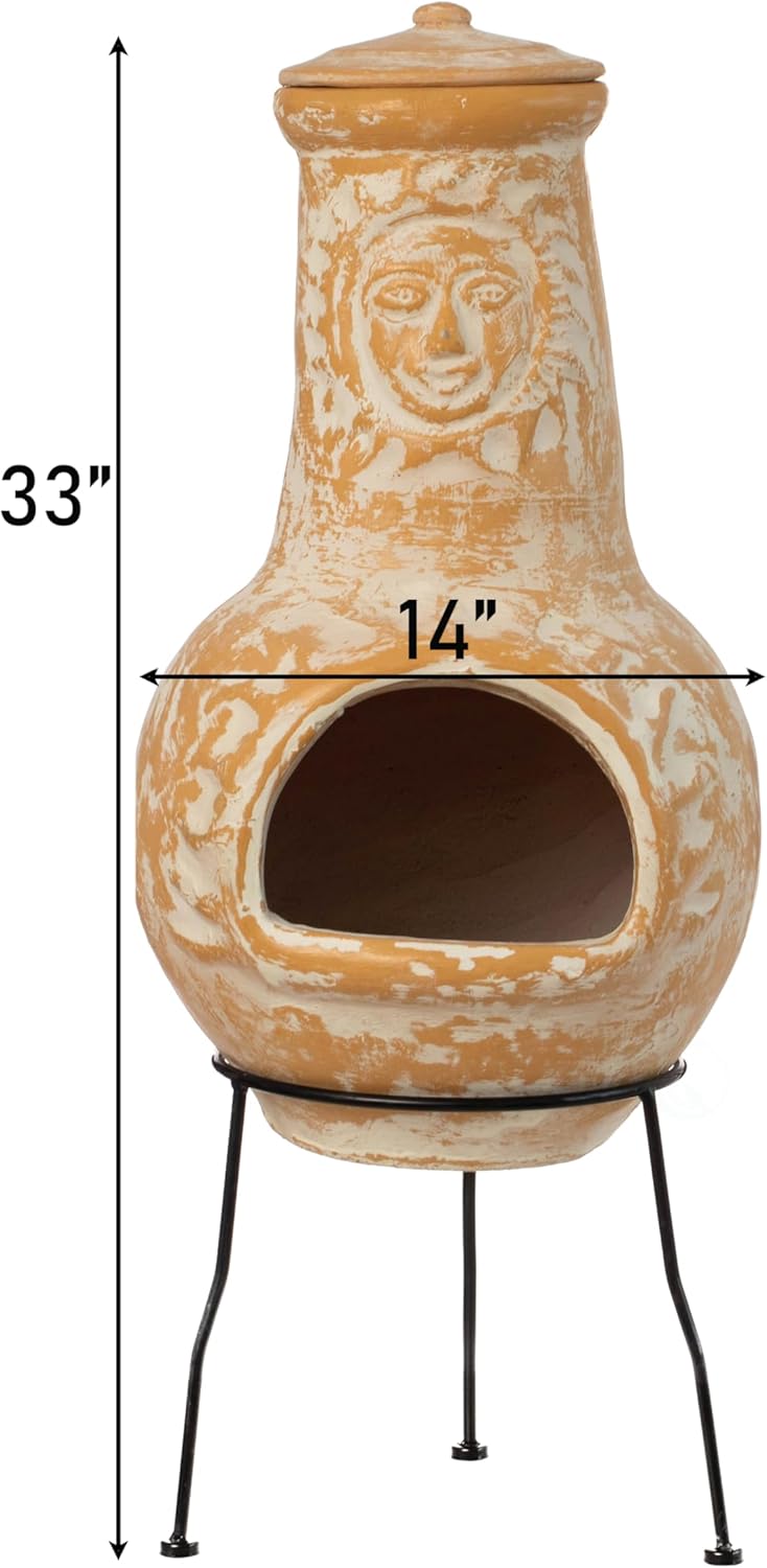 Outdoor Clay Chiminea Fireplace Sun Design Wood Burning Fire Pit with Sturdy Metal Stand, Barbecue, Cocktail Party, Cozy Nights Fire Pit (Beige)