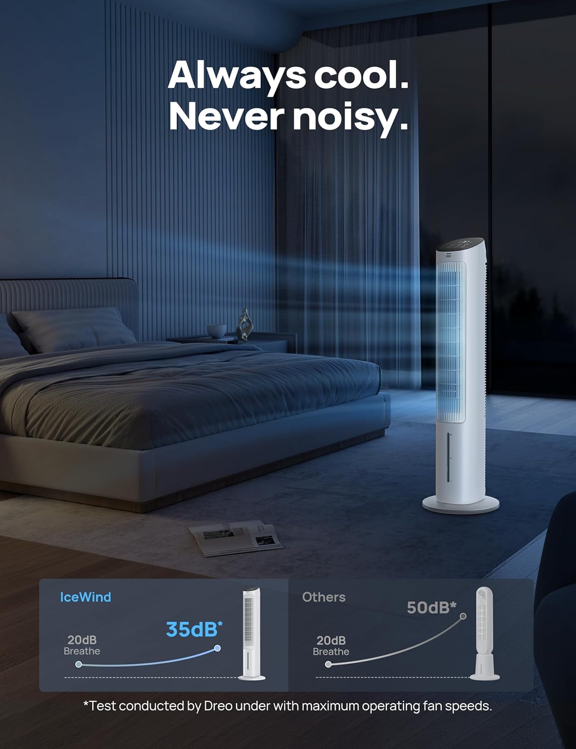 Dreo Evaporative Air Swamp Cooler, 40” Standing Fans that Blow Cold Air, 80° Oscillating Bladeless Cooling Fan for Bedroom, Removable Water Tank, Ice Packs, Remote Control, 4 Speeds, 7H Timer, White