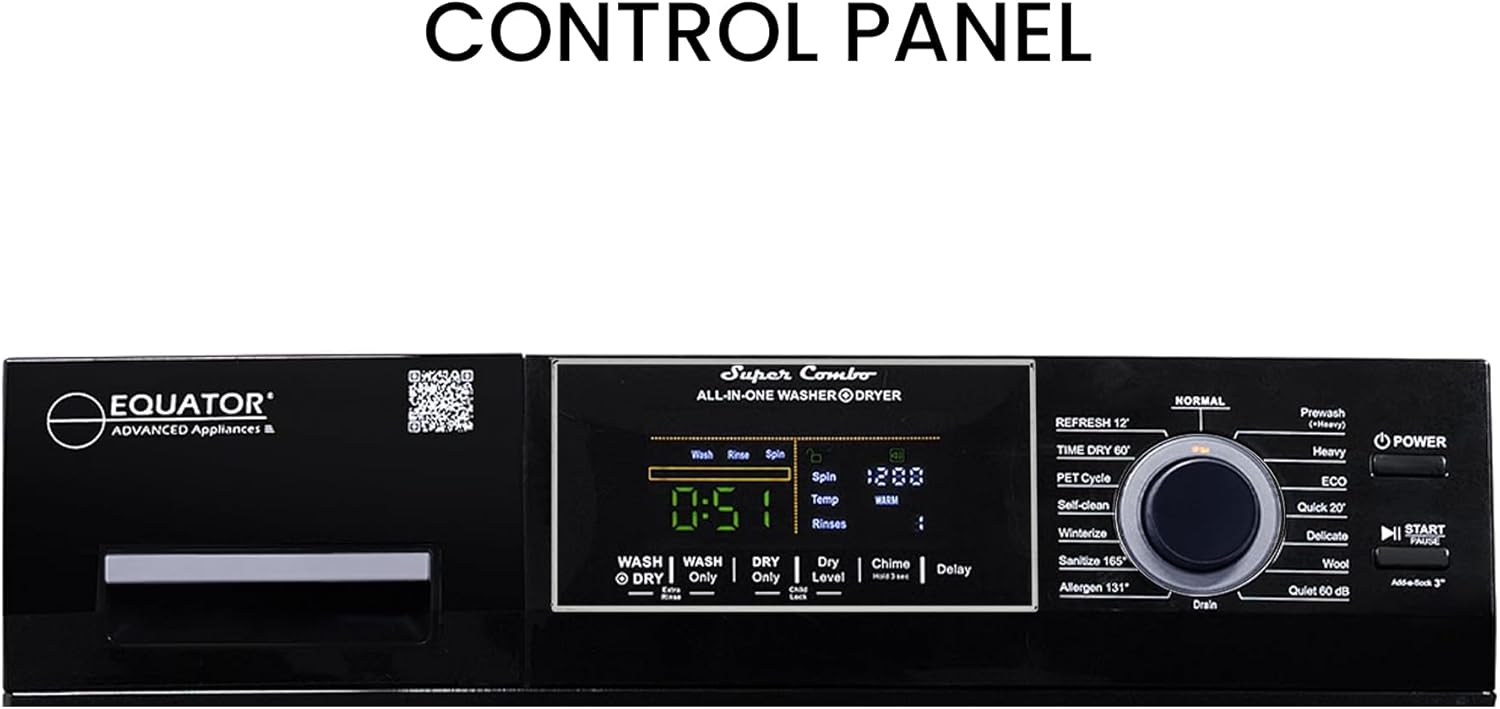 Equator All-in-one Washer Dryer Ventless FULLY BUILTIN 0-CLEARANCE 1.62cf/15lbs 110V 1400RPM with Pedestal + ADA (Black)