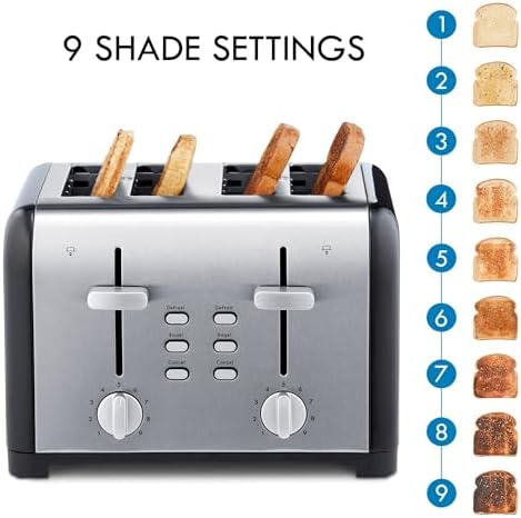 Kenmore toaster 4 slice - extra wide slot countertop kitchen appliance, defrost function, tostador de pan, 9 shade settings, compact design, easy clean crumb tray, bread bagel, stainless steel & black