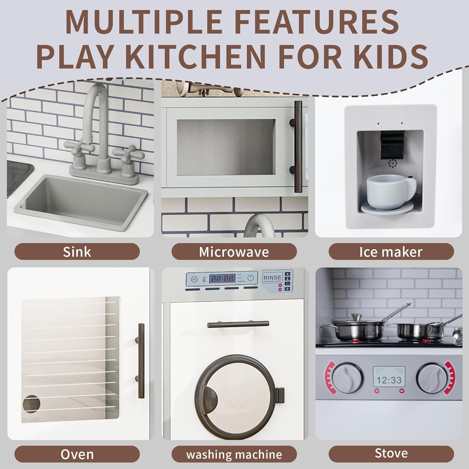 Kids Kitchen Playset with Lights & Sounds, Wooden Play Kitchen with Sink, Washing Machine, Ice Maker & Pretend Play Accessories, Educational Toy Kitchen Set for Toddlers, White