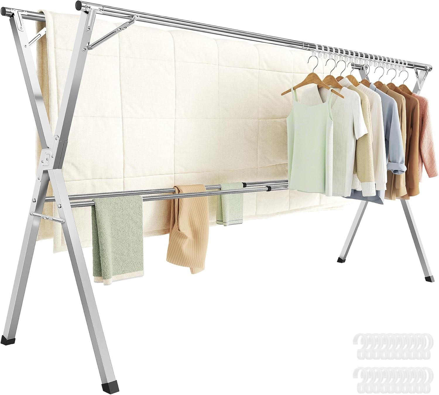 SONGMICS Clothes Drying Rack, Heavy-Duty Laundry Drying Rack, 56.3-93.7 Inches Extendable, Foldable Freestanding Airer, Stainless Steel, for Indoor Outdoor Use, Dove Gray ULLR903E01