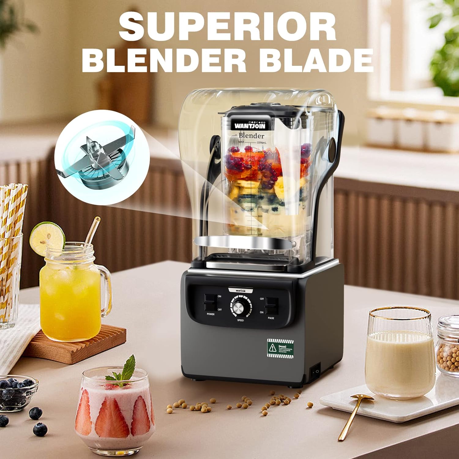 Wantjoin Commercial Quiet Blender for Kitchen, Smoothie Protein Shake Licuadora, Countertop Professional Electric Food Machine for Puree, Milkshake, Juice, Drink and Ice with Silent Cover 2200ml 1800W