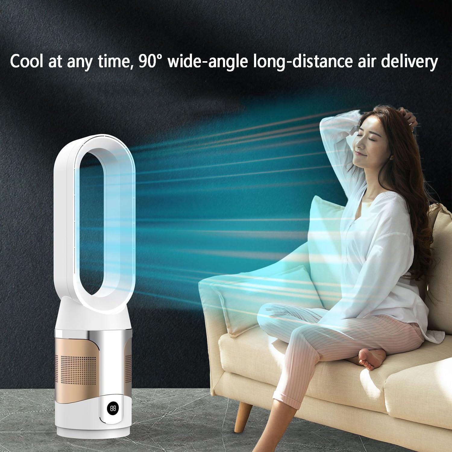 Bladeless Cooling Fan, Tower Fan ,Oscillating Pedestal Fan with Remote Control, 10 Speeds, 9H Timer,Air circulation, cold and warm, can be used all year round, for Indoor Home Bedroom Office Room(Gold