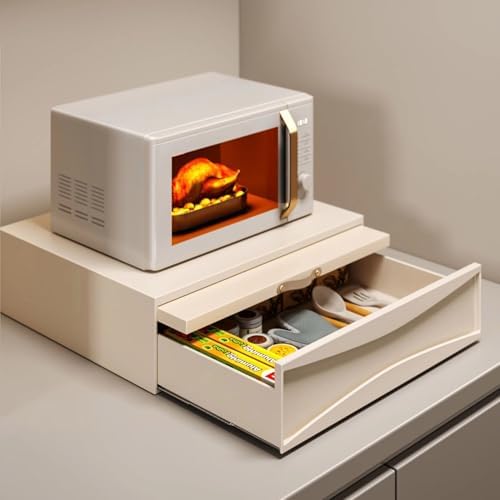 Sliding Countertop Tray with Drawer, Carbon Steel Organizer Shelf, Kitchen Microwave Oven Pull Out Organizers, 18.9 x 15.8 x 5.7in, Milky White (Tray and Drawer)