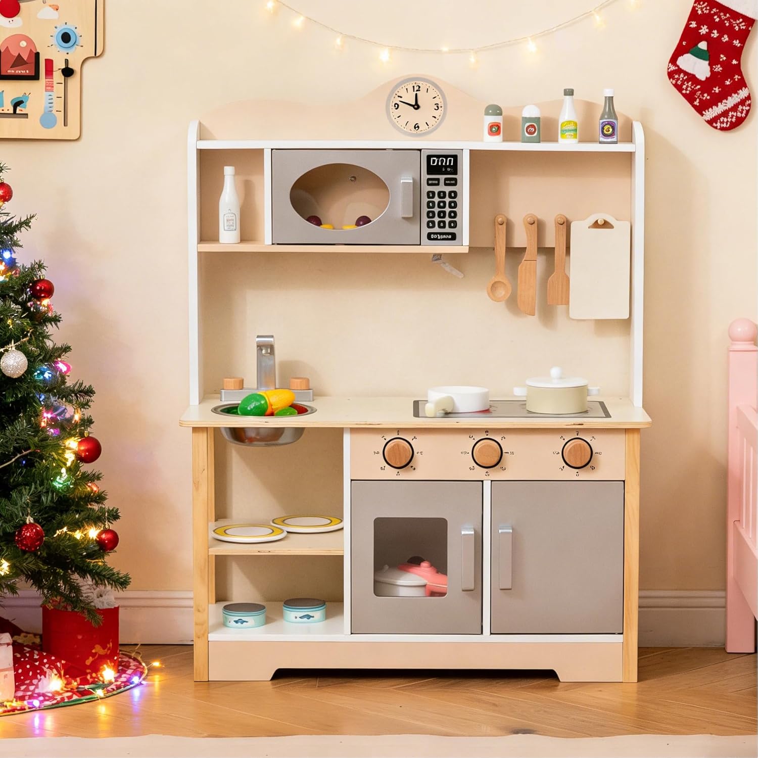 Costzon Kids Play Kitchen, Wooden Toy Kitchen Playset w/Microwave, Oven, Stoves, Water Sink & Accessories, Pretend Cooking Play Set for Toddlers, Gift for Boys & Girls 3+