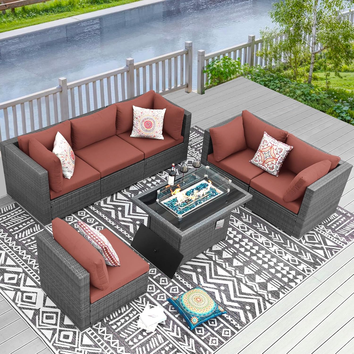 RADIATA 7 Piece Wicker Patio Furniture Set with Fire Pit, All-Weather Outdoor Sectional Couch High Back Large Size, Modular Backyard Seating Sofa Set with Propane/Natural Gas Firepit Table, Grey&Red