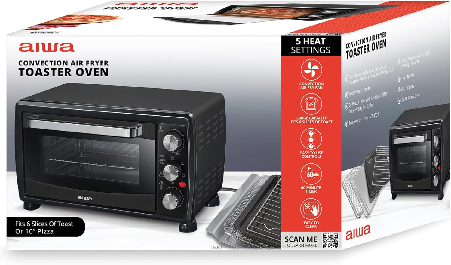 Aiwa 1400W Toaster Oven 6 Slice with Baking Tray, Air Fry Bake Toast Cook and Broil, Temperature Control, 60 Minute Timer Knob, Automatic Shutoff, Crispier Mesh Baking Tray and Crumb Tray Included