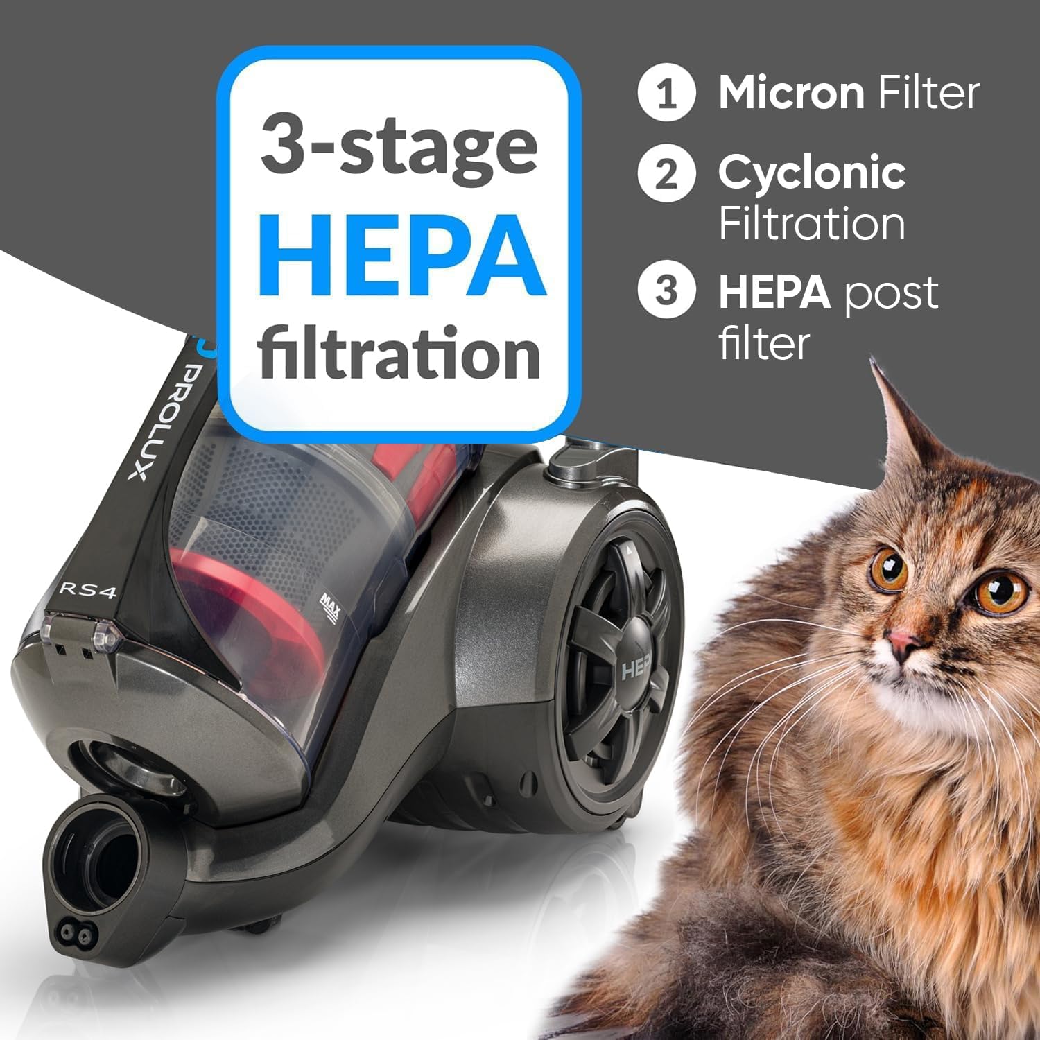 Prolux RS4 Bagless Canister Vacuum, Lightweight with Dual HEPA Filtration, 25 Foot Retractable Cord, Telescopic Wand, Versatile for Wood Floor, Carpet, Home, Office, Apartment, RV, Dorm Room