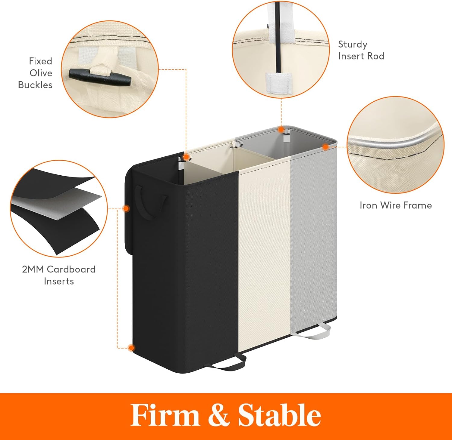 Lifewit Triple Laundry Hamper with Lid and Removable Laundry Bags, Large Collapsible 3 Dividers Dirty Clothes Basket with Handles for Bedroom, Laundry Room, Closet, Bathroom, 185L Black&White&Gray