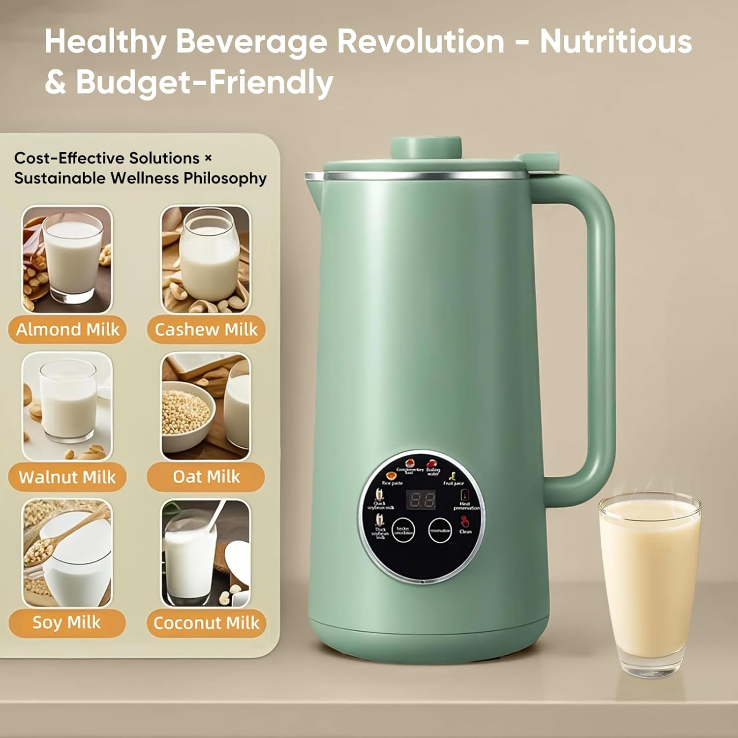 Soy Milk Maker Machine, 27oz Nut Milk Maker, Stainless Blender for Homemade Almond, Oat, Coconut, Soy Milk, with Delay Start/Keep Warm/Boil Water/Self-Cleaning,Green