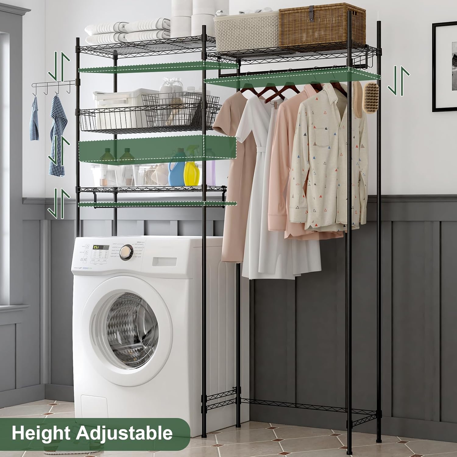 GarveeHome Over Washer and Dryer Shelves, 57.4 in W Laundry Room Clothes Drying Rack, Height Adjustable Towel Racks with Hamper and Hooks, Space Saving Laundry Room Organization and Storage