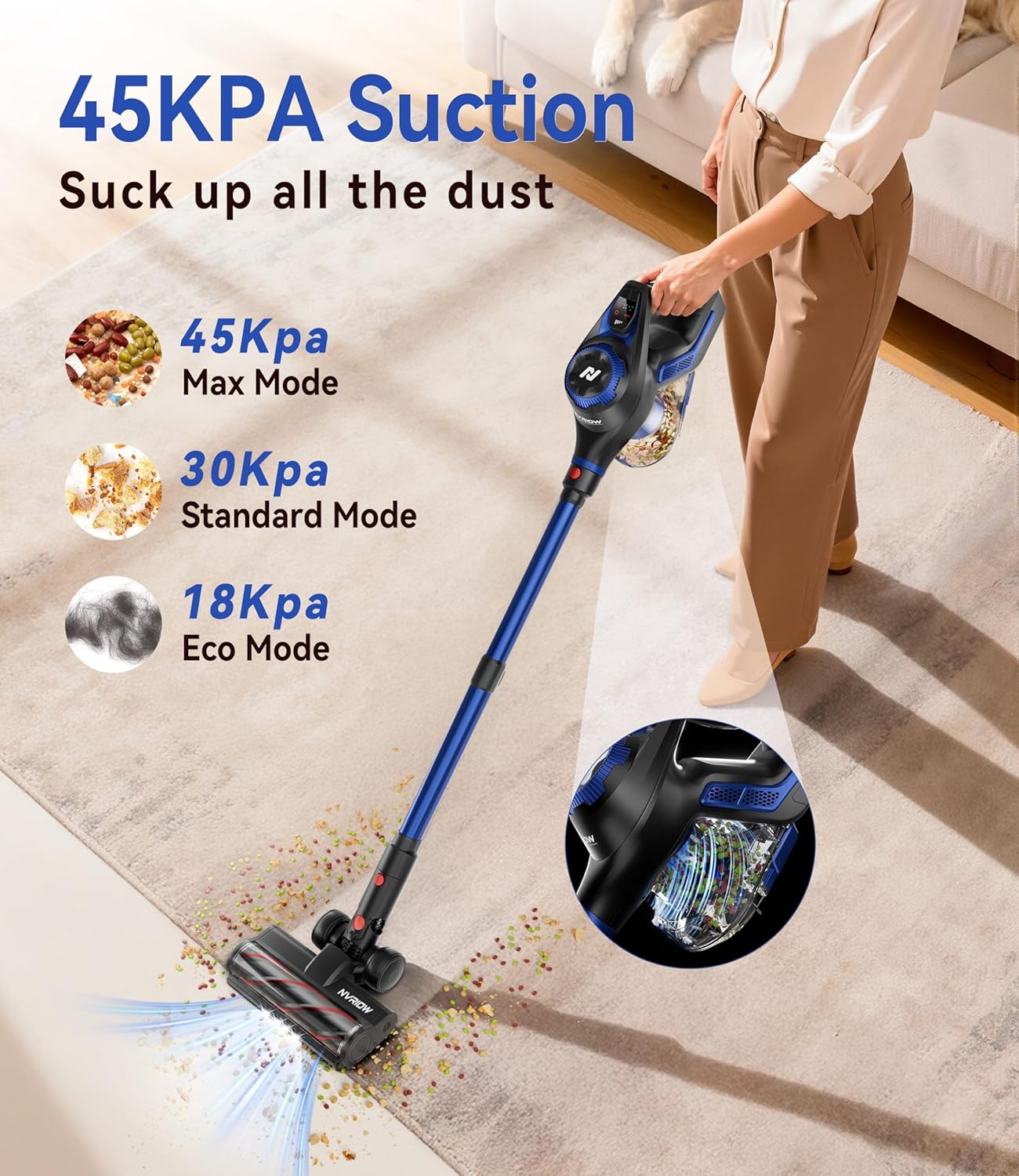 Cordless Vacuum Cleaner for Home, 45Kpa Stick Vacuum, Max 80mins Runtime, 1.5L Dust Cup, Rechargeable Lightweight Handheld Vacuum for Carpet/Hardwood Floor/Pet Hair/Car (Navy Blue)