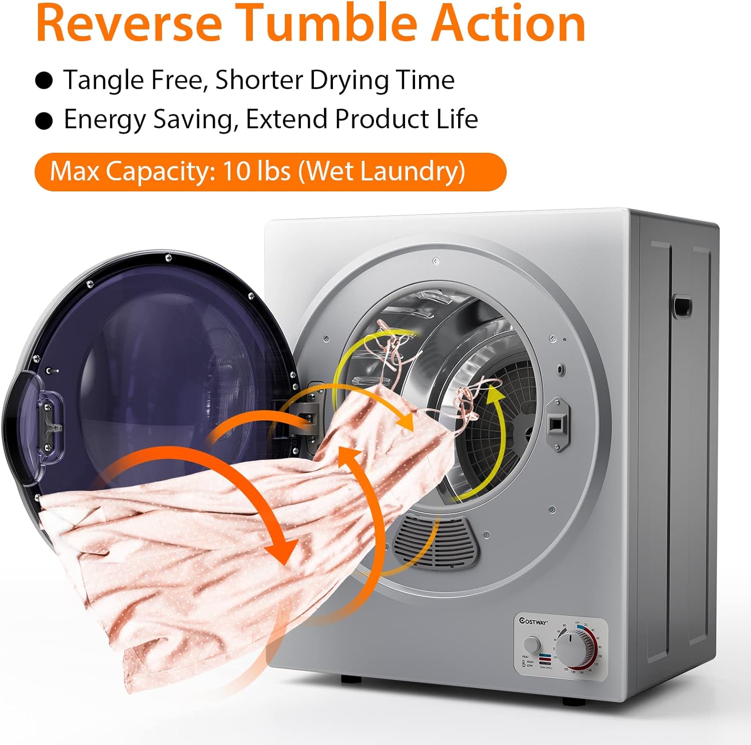 COSTWAY Compact Laundry Dryer, 110V Electric Portable Clothes Dryer with Stainless Steel Tub, Control Panel Downside Easy Control for 4 Automatic Drying Mode (Stainless Steel-Silver)