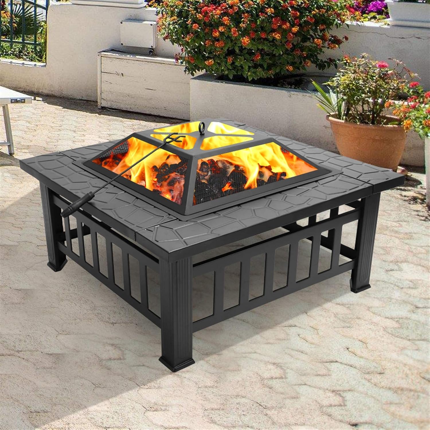 32-inch Portable Outdoor Fire Pit, Heavy-Duty Courtyard Metal Wood Burning Firepit with Mesh Spark Screen Top and Poker & Wood Grate, Outside Brazier for Camping Patio Garden Bonfire, Easy Assembly
