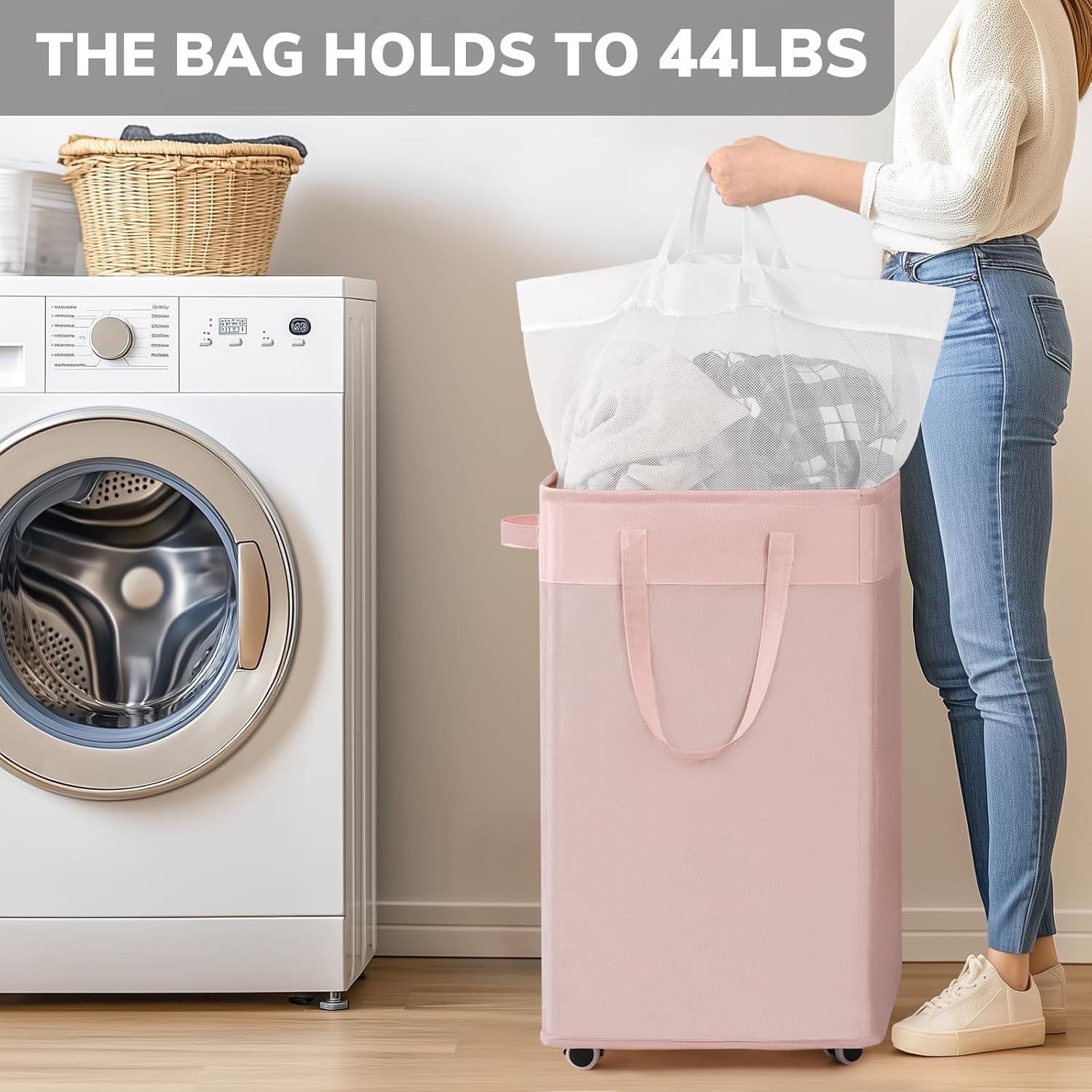 Goodpick Pink Laundry Basket with Wheels, Dorm Room Essentials for Girls, 75L Collapsible Laundry Basket, Laundry Hamper with Handle for College Dorm