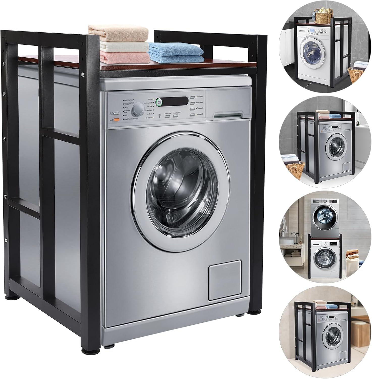 Black & Teak Washer Dryer Rack, Over-Appliance Storage Shelf 2-Tier, Metal Frame Wood Top Organizer for Laundry Room, Bathroom, 27in Wide Gap Cart, Holds Detergent, Towels, Slim Slide-in Unit