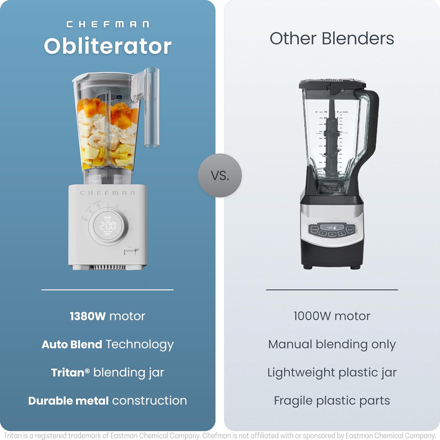 Chefman Obliterator 48 oz Countertop Blender for Smoothies, 1380W Motor to Crush Ice, Nuts, and Frozen Fruit with Stainless Steel Blade, Auto Blend Function, Includes Tamper and Scraper