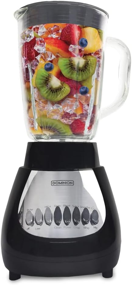 Dominion D4002BG Countertop Blender with 5-Cup Glass Jar (42oz), 10-Speed Settings with Pulse Function, Sharp Stainless Steel Blade, Black