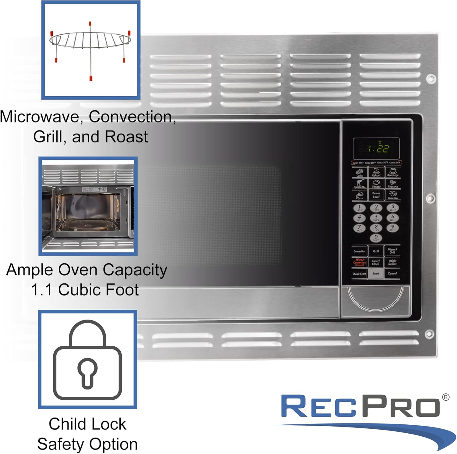 RecPro RV Convection Microwave Stainless Steel 1.1 cu. ft | 120V | Microwave | Appliances | Direct Replacement for Greystone