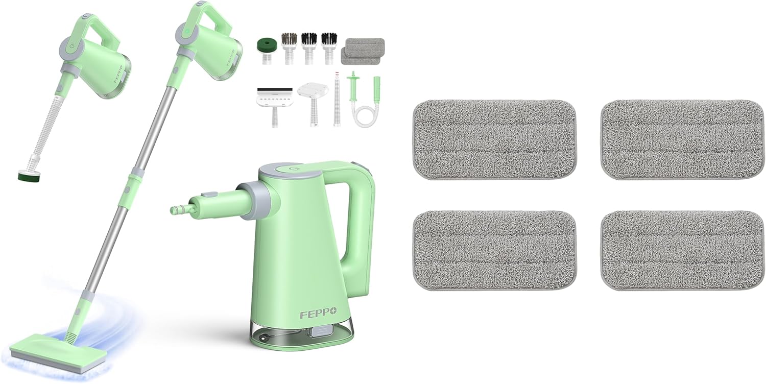 FEPPO 2-in-1 Steam Mop & Handheld Cleaner Bundle with 10-in-1 Accessories & 6 Washable Pads (Includes 4 Extra Pads) - 1300W Powerful Steamer for Floors, Hardwood, Tile, Grout, Windows, Kitchen, Bath