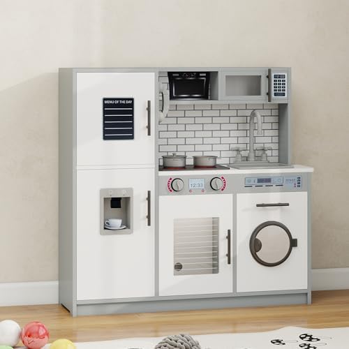 Kids Kitchen Playset with Lights & Sounds, Wooden Play Kitchen with Sink, Washing Machine, Ice Maker & Pretend Play Accessories, Educational Toy Kitchen Set for Toddlers, White