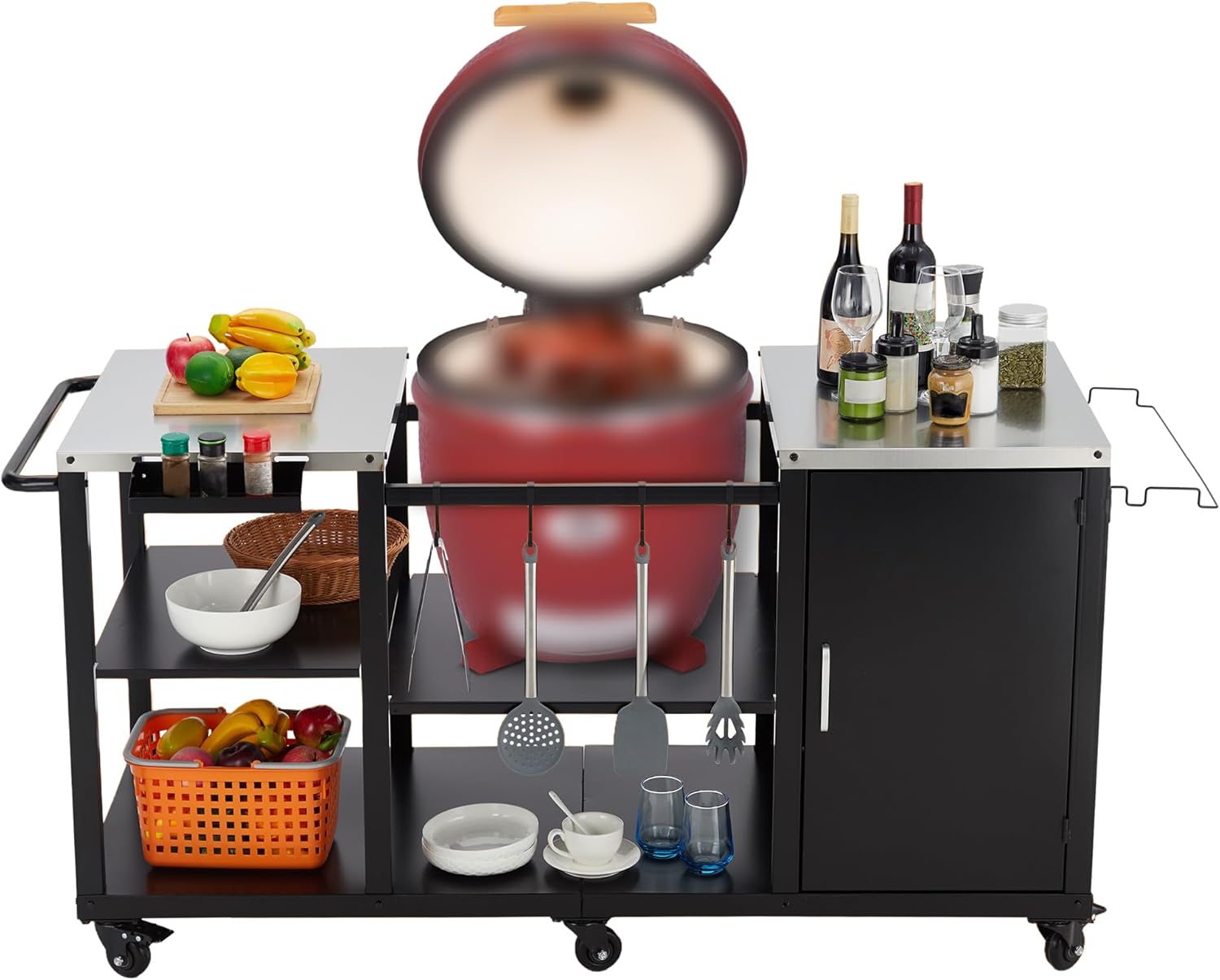 GarveeLife Grill Table for Egg Style Kamado Griller, Heavy Duty Outdoor Grill Station Prep Table with Storage, Garbage Bag Holder, Hooks, Paper Towel Rack, Wheels, Compatible with Egg Kamado Griller