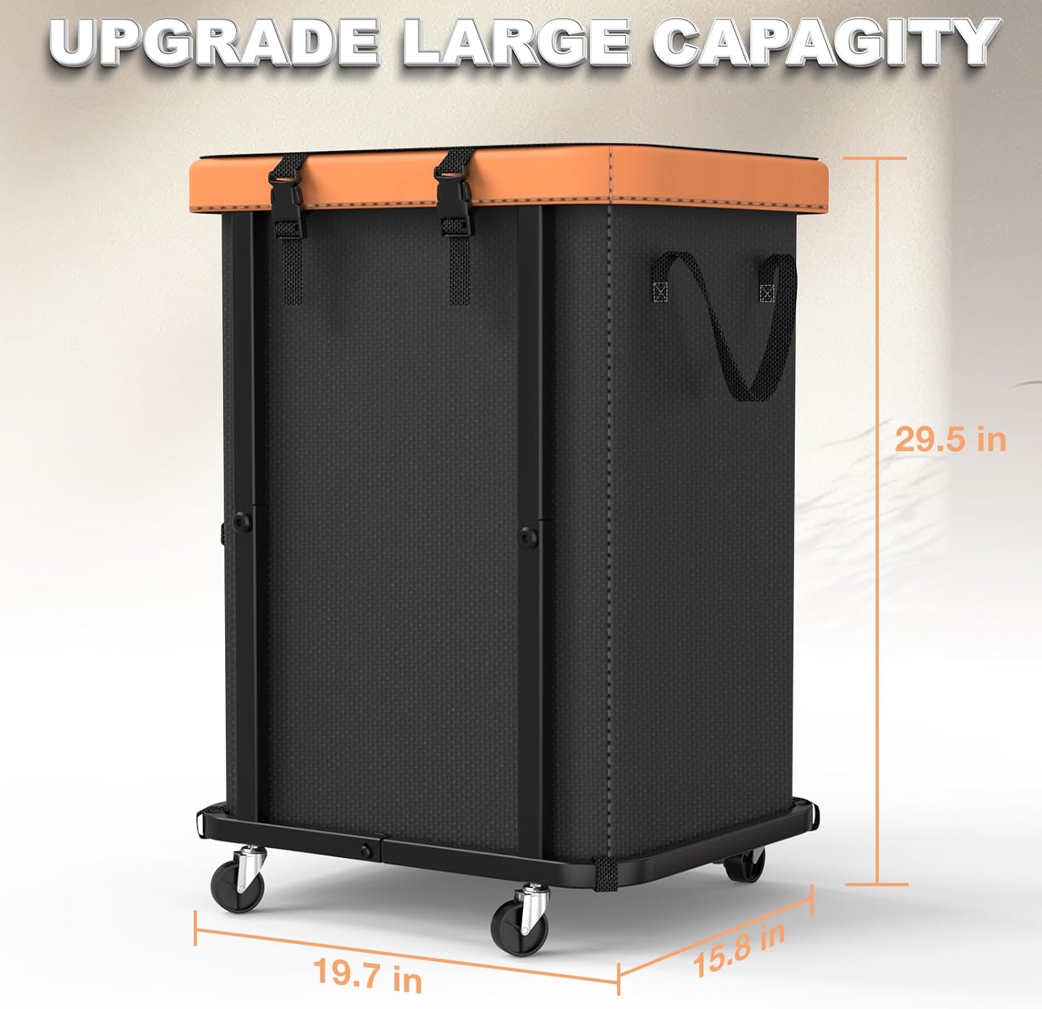 150L (40 Gal) Large Fashion Laundry Basket with Wheels, Leather Patchwork Rolling Hamper Carts, Sturdy Metal Frame, Removable Washable Bag, Tall Clothes Sorter for Bedroom, Laundry Room - Black