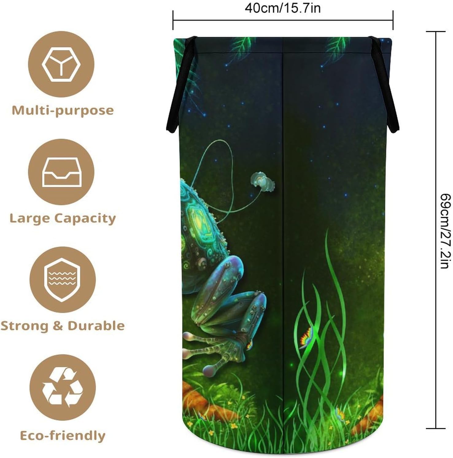 Cool Anime Animal Frog Laundry Hamper Dirty Clothes,Rustic Tropical Forest Eucalyptus Leaves Butterfly Frog Large Laundry Basket Storage Basket For Bathroom 15.7W