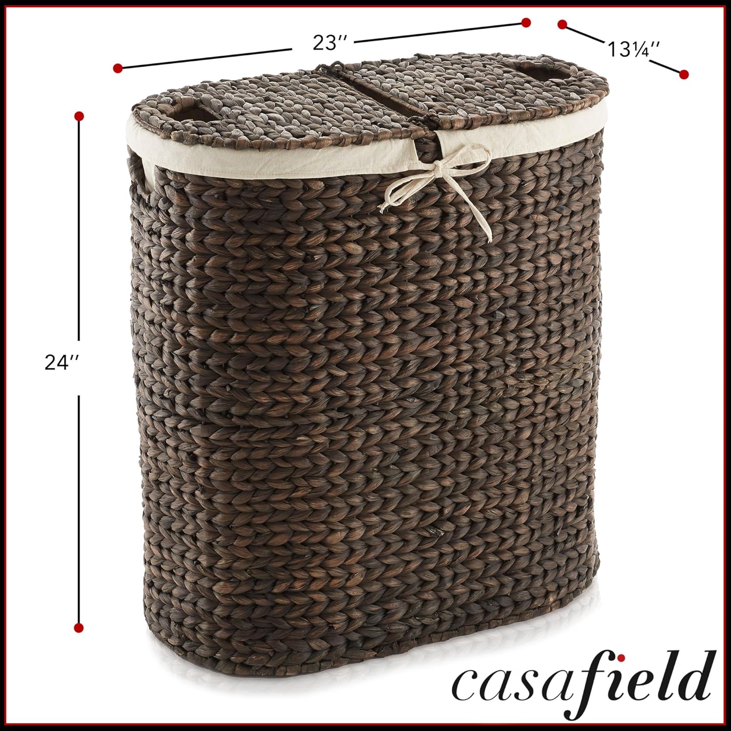 Casafield Oval Laundry Hamper with Lids and Removable Liner Bags - Espresso Dark Brown, Woven Water Hyacinth 2-Section Laundry Basket Clothes Sorter