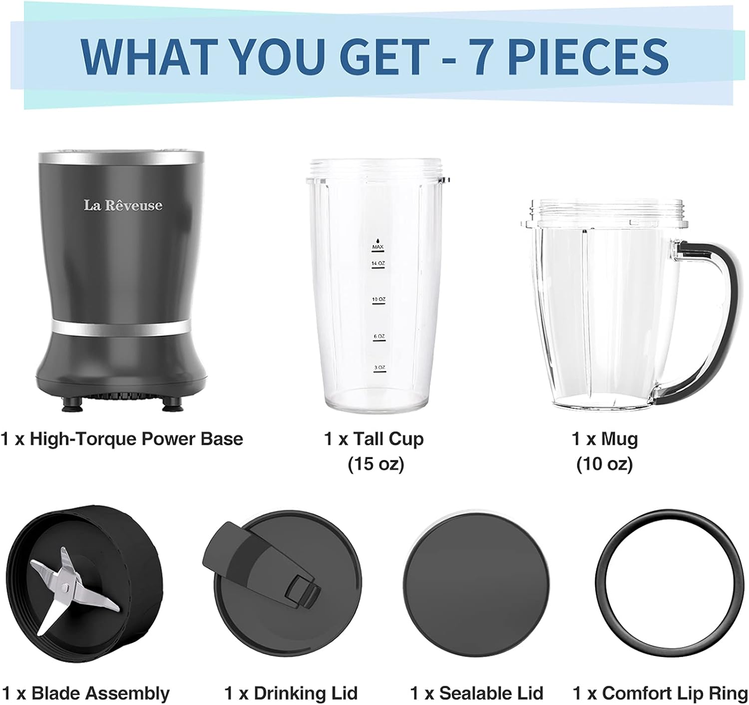 La Reveuse Personal Size Blender 250 Watts Power for Shakes Smoothies Seasonings Sauces with 1 Piece 15 oz Cup,1 Piece 10 oz Mug,BPA-Free (Black)