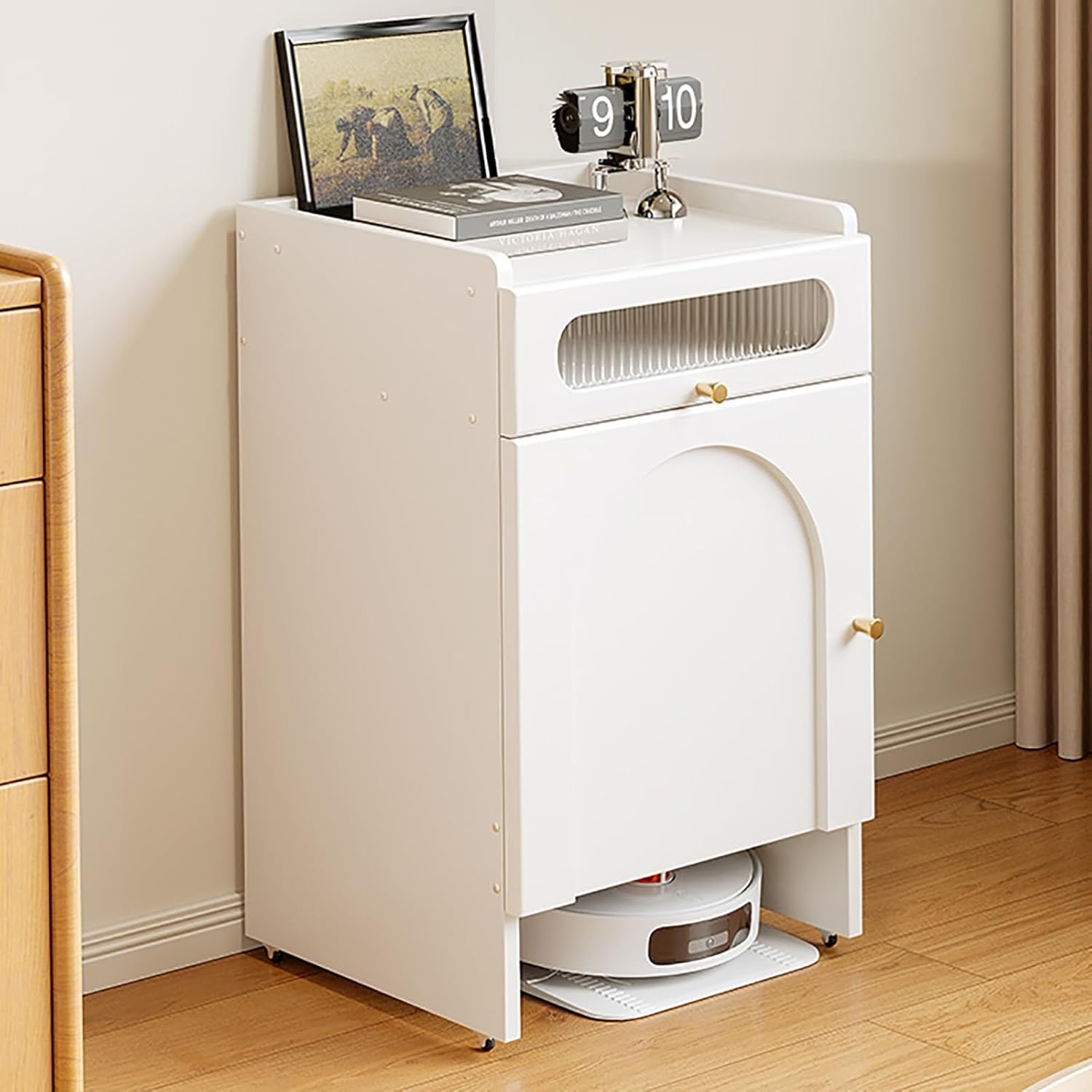 Modern Robot Storage Rack, Robot Vacuum Cleaner Storage Cabinet with Drawers Door and Silent Rollers, Organizer Shelf for Living Room, Dining Room, Kitchen, Office(Color B)