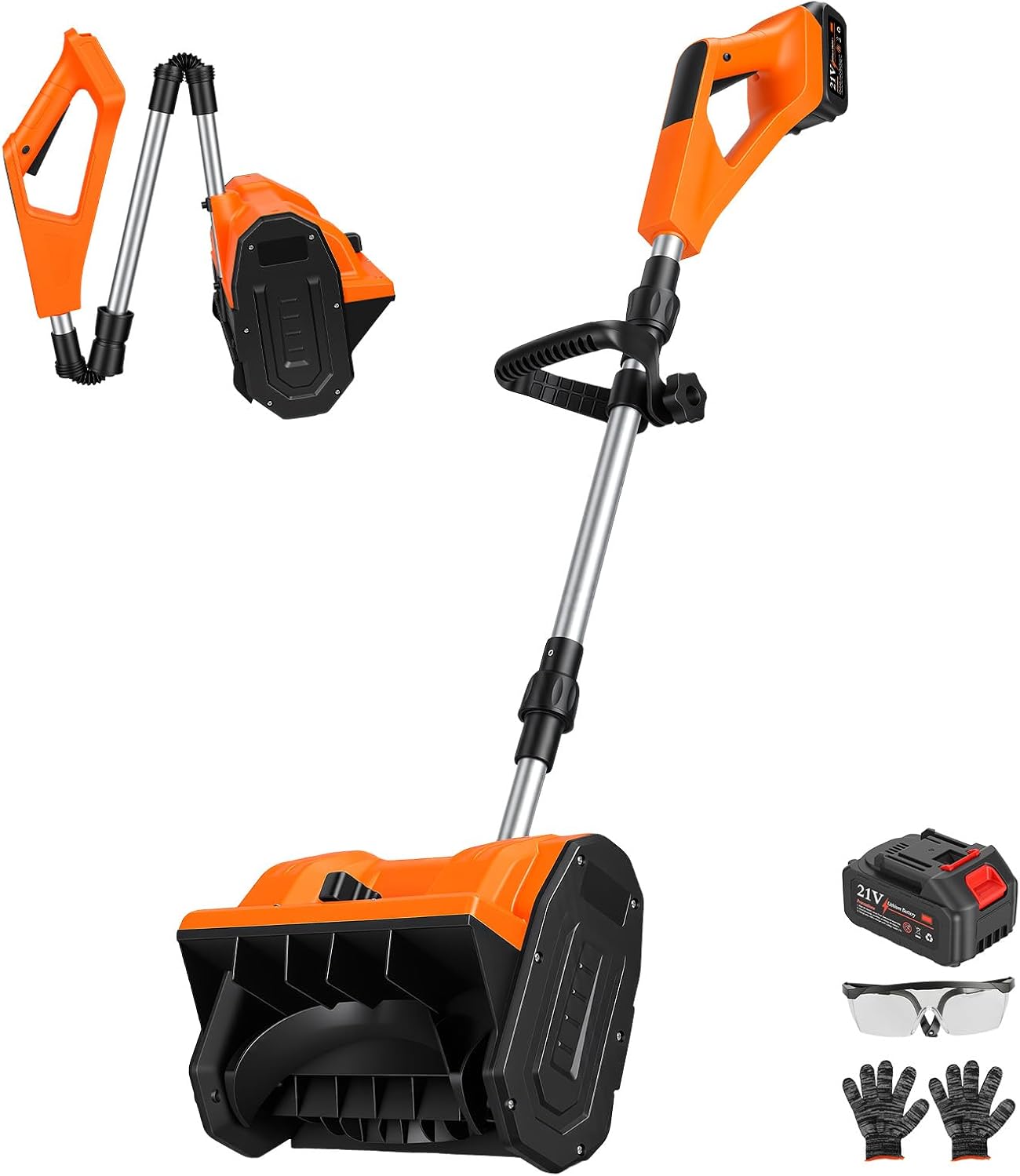 11In Cordless Snow Shovel, 21V Battery Powered Foldable Electric Snow Blower with ±45° Directional Plates Rechargeable Battery Gloves Goggles for Driveway Patio