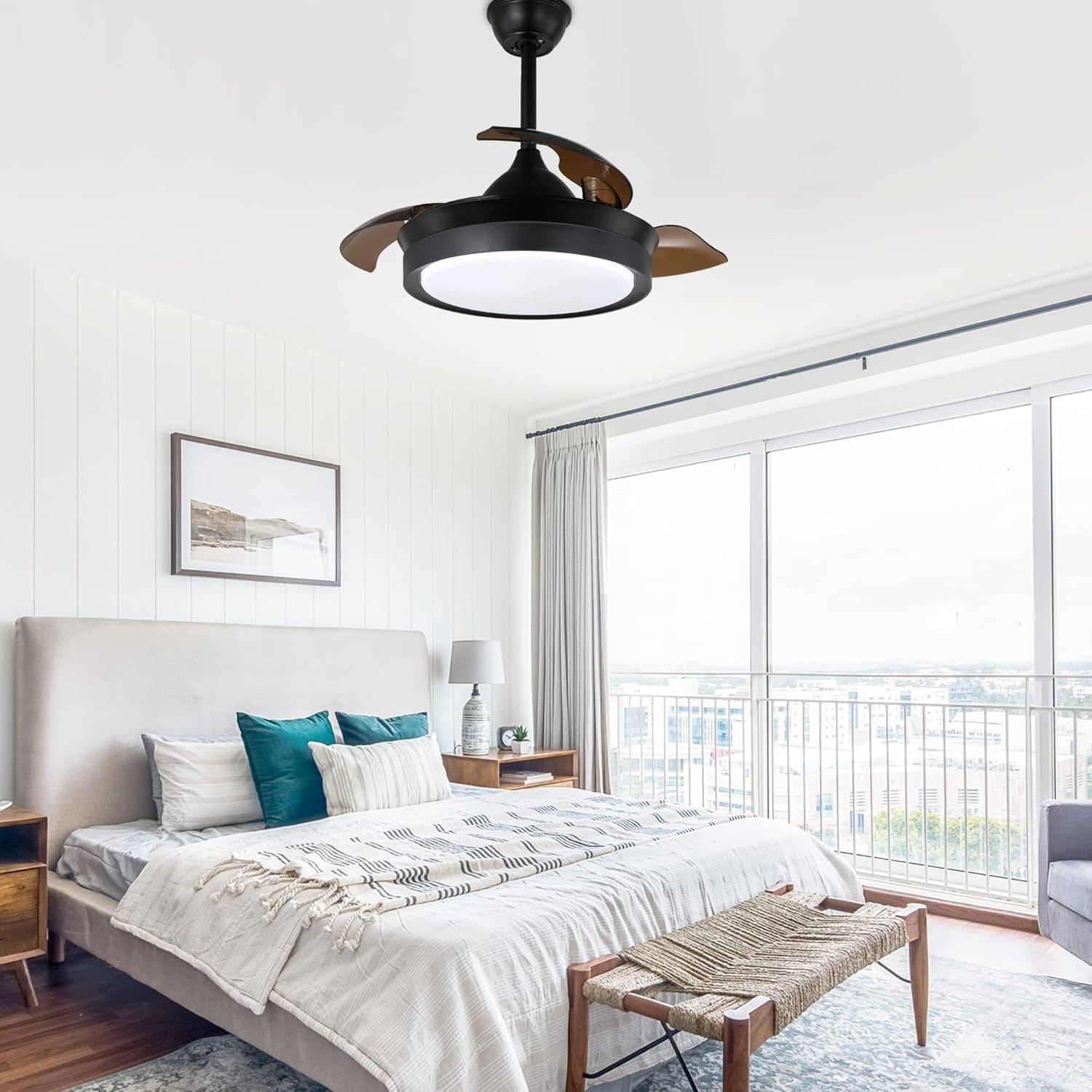 Bella Depot Retractable Ceiling Fan with Lights and Remote with 3 Color Change, Timing Options, Silent Noiseless for Dining Room Bedroom Kitchen (Classic Black, 36