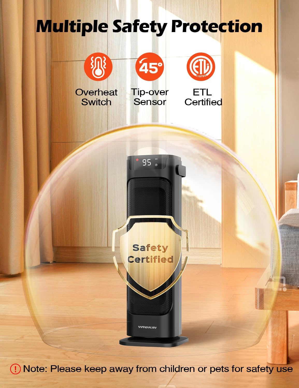 VAGKRI 24” Oscillating Ceramic Tower Space Heater，Fast Ceramic Heater with Thermostat and Remote,Portable Electric Heater with Tip-Over & Overheating Protection, 3 Modes for Bedroom, Office Black