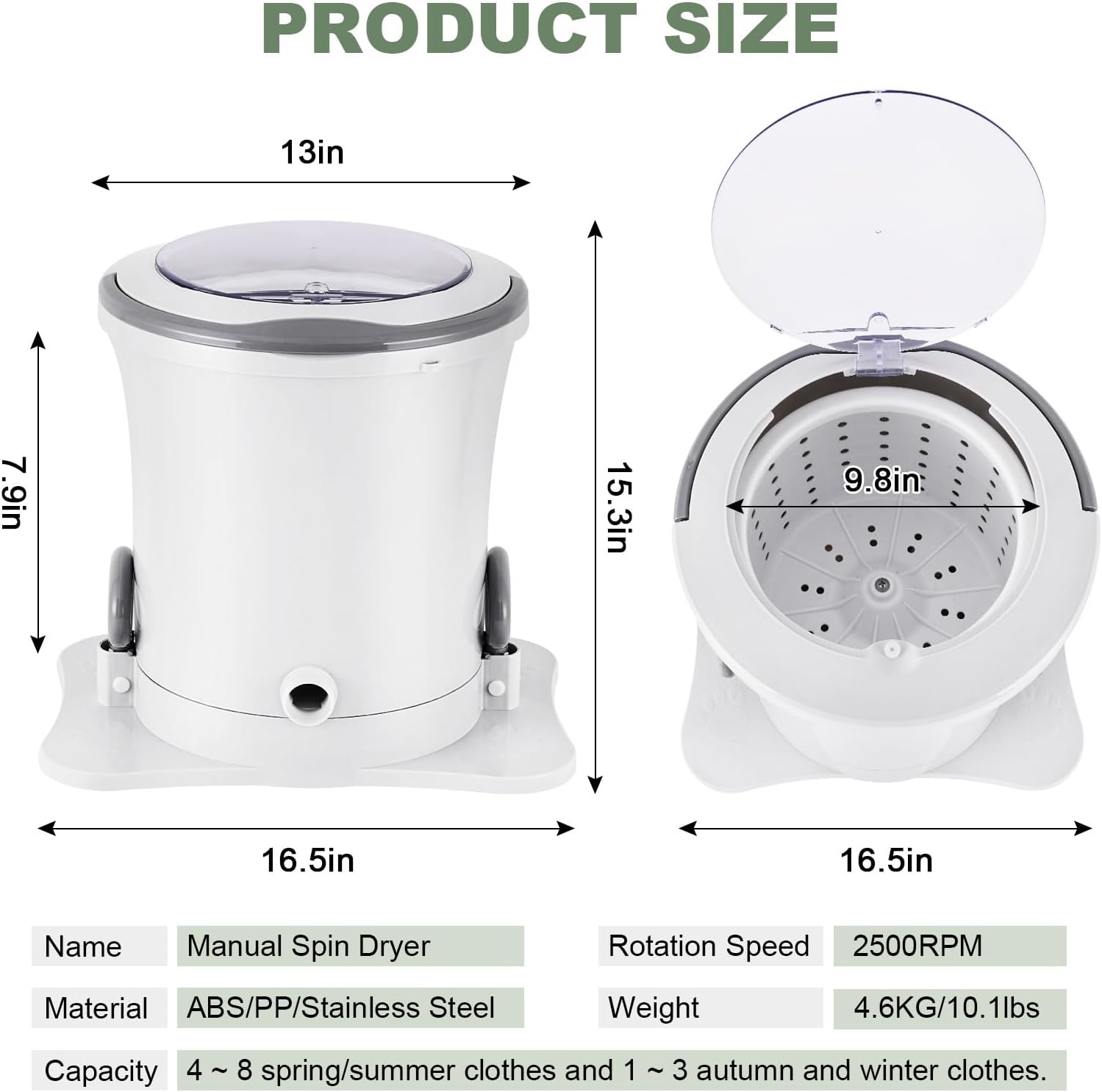 Meticuloso Manual Clothes Dryer Portable Mini Dryer Compact Spinner Non Electric Laundry Washing Machine for RV, Camping, School, Apartment, Dorm