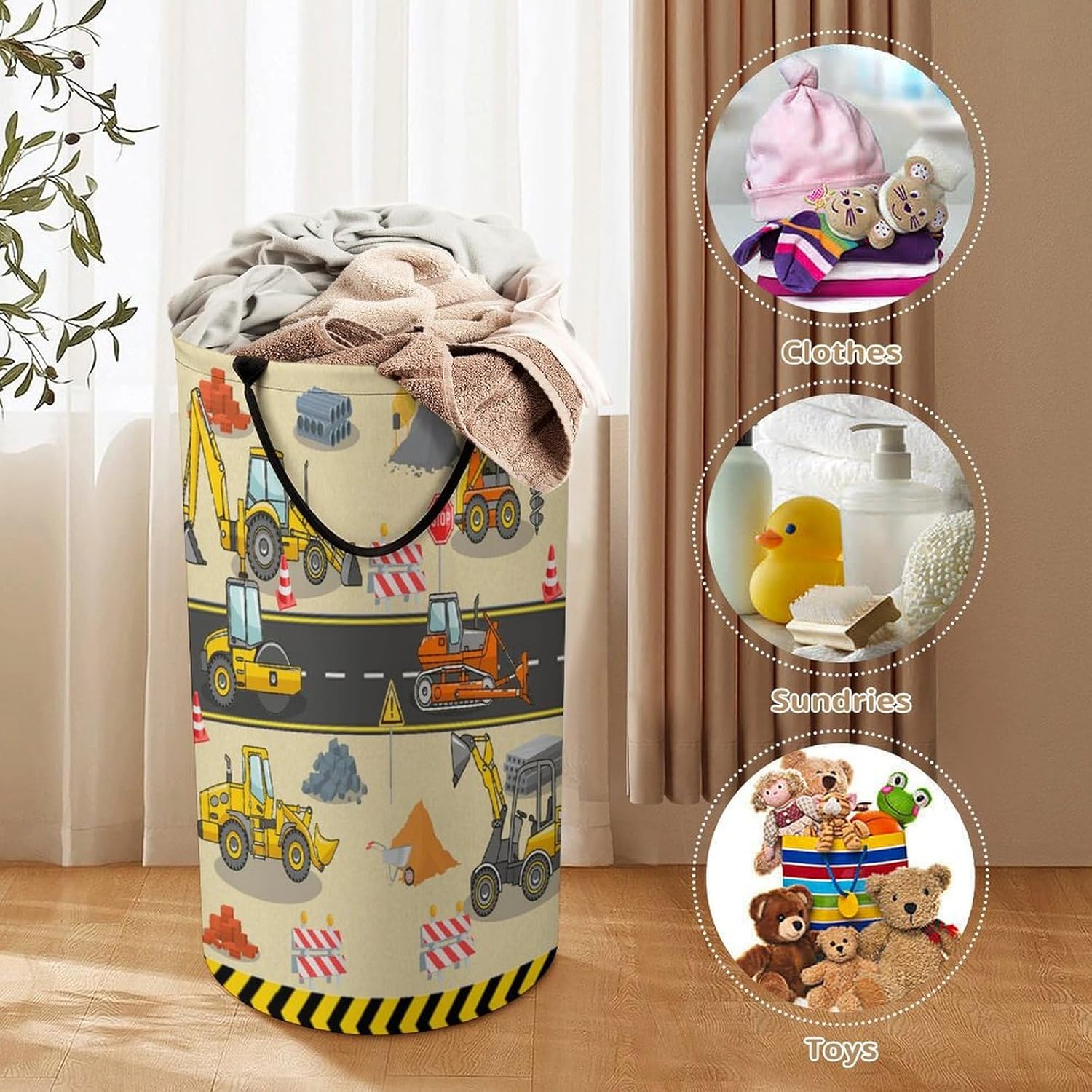 Modern Cartoon Construction Truck Laundry Basket Large Volume,Abstract City Engineering Machine Excavator Bulldozer Prints Dirty Clothes Basket Hampers Storage for Dorm And Family 15.7W