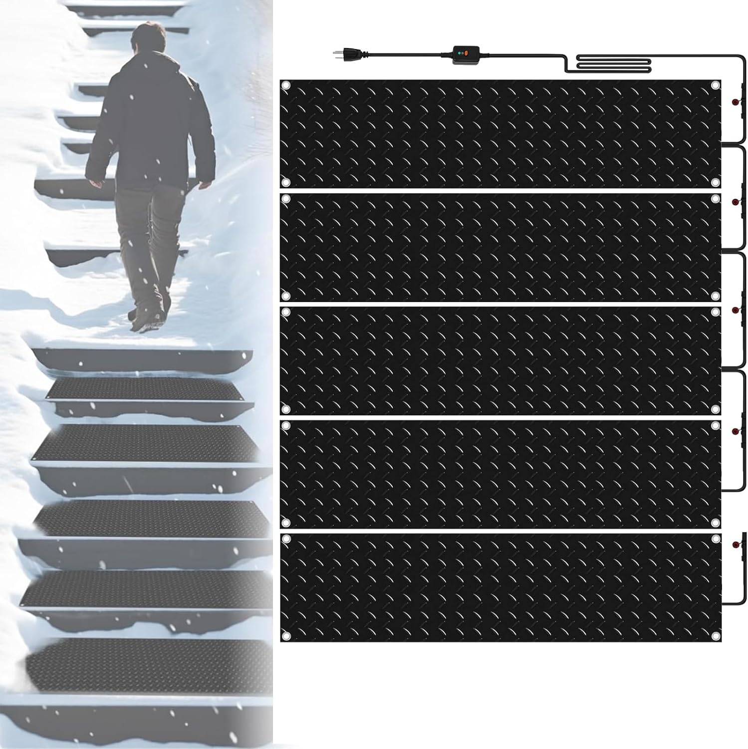 Heated Snow Melting Mats Outdoor Heated Driveway Mats Snow and Ice Melting Pad w/Power Cord for Winter Garden, Front Door, Stairs, Porch Outdoor Safer Walking,3 in/h Speed Melting(5 Pcs,30 * 90cm)