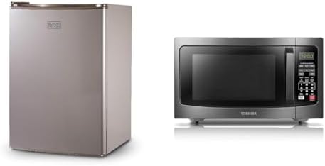 BLACK+DECKER 2.5 Cu Ft Compact Refrigerator Bundle with Toshiba 1.2 Cu Ft Countertop Microwave, Black Stainless Steel