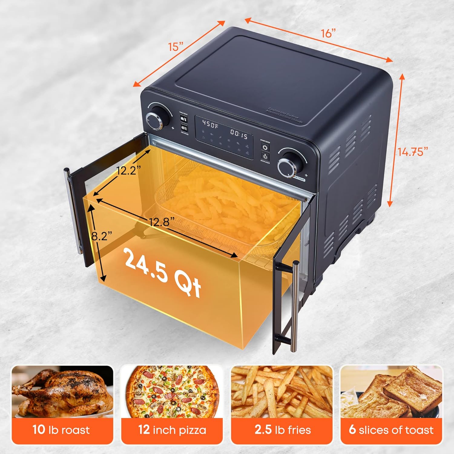 Elite Gourmet EAF9010B All Steel Exterior, 24.5Qt. French Door Air Fryer Convection Countertop Oven, 12