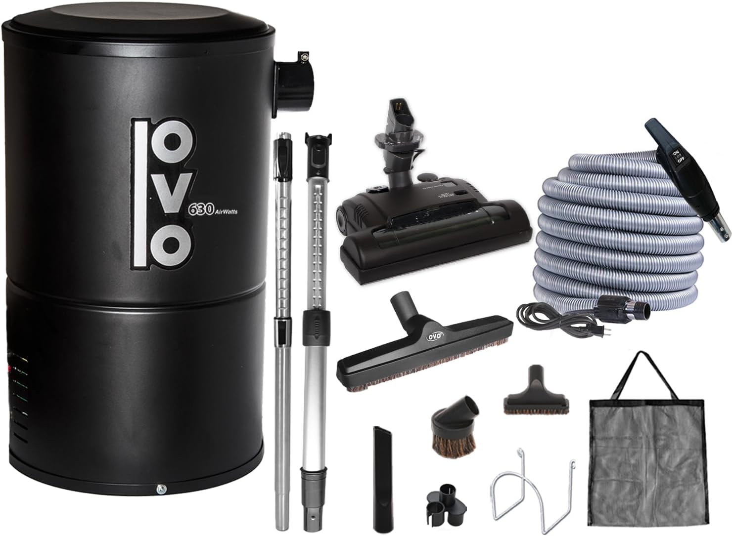 OVO Compact and Powerful Central Vacuum System, Condo Vac, 630 Airwatts, Use with Disposable Bag, 18L or 4.75Gal, 30 ft Deluxe Accessory Kit Included