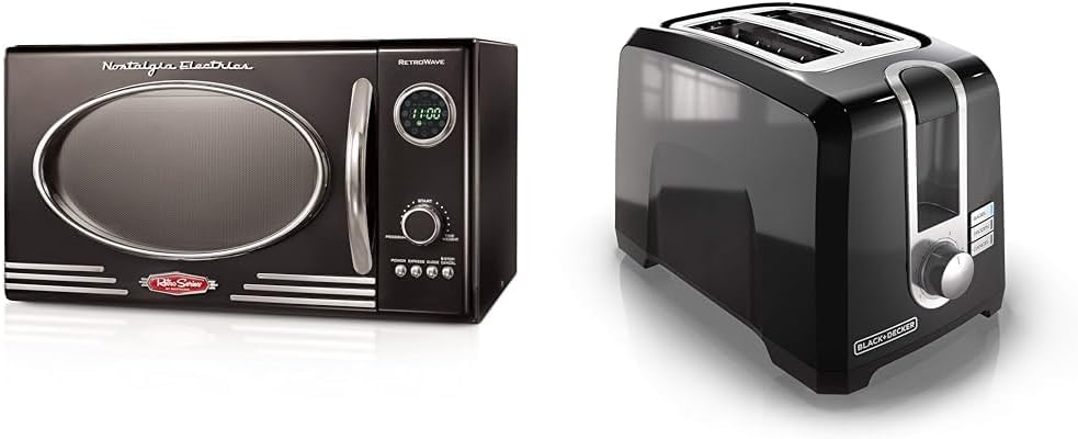 Nostalgia Retro Countertop Microwave Oven - Large 800-Watt - 0.9 cu ft & BLACK+DECKER 2-Slice Toaster, T2569B, Extra Wide Slots, 6 Shade Settings, 850 Watts, Crub Tray