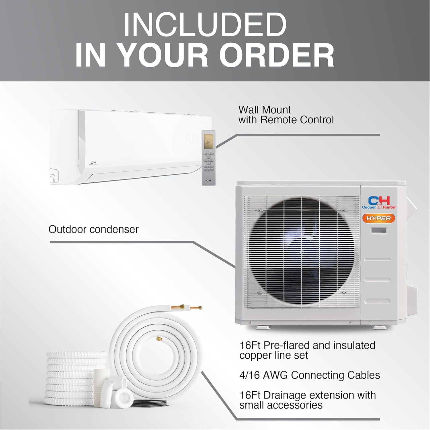 Cooper & Hunter Hyper Heat 12,000 BTU, 230V, 24 SEER2 Single Zone Wall Mount Ductless Mini Split Air Conditioner & Heater (Works at -22F) – 16FT Installation Kit & Smart Kit – Pre-Charged Inverter