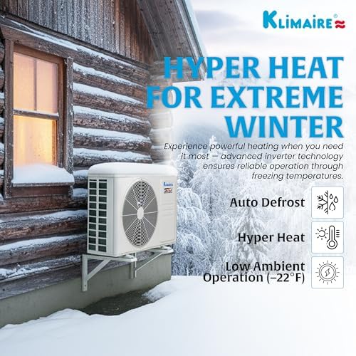 KLIMAIRE 12,000 BTU 23.1 SEER2 Hyper Heat Ductless Mini Split Air Conditioner & Heat Pump System, Operates Down to -22°F, with Pre-Flared 16'Installation Kit & Wall Bracket, 230V, Wi-Fi Enabled (230V)