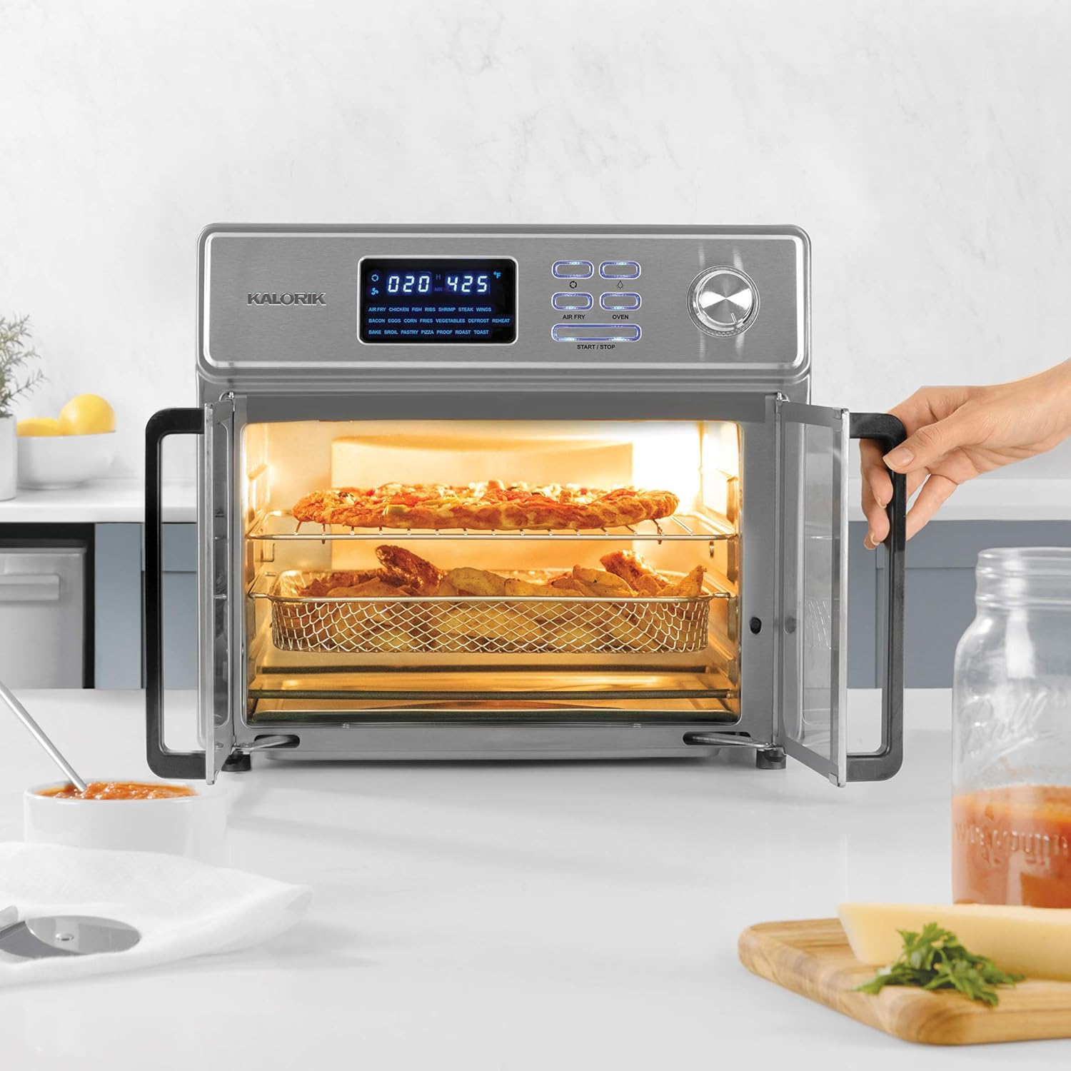 Kalorik 26 QT Digital Maxx Air Fryer Oven with 7 Accessories, Roaster, Broiler, Rotisserie, Dehydrator, Oven, Toaster, Pizza Oven and Slow Cooker. Includes Cookbook. Sears up to 500⁰F. Extra Large Capacity, All in One Appliance. Stainless Steel. AFO