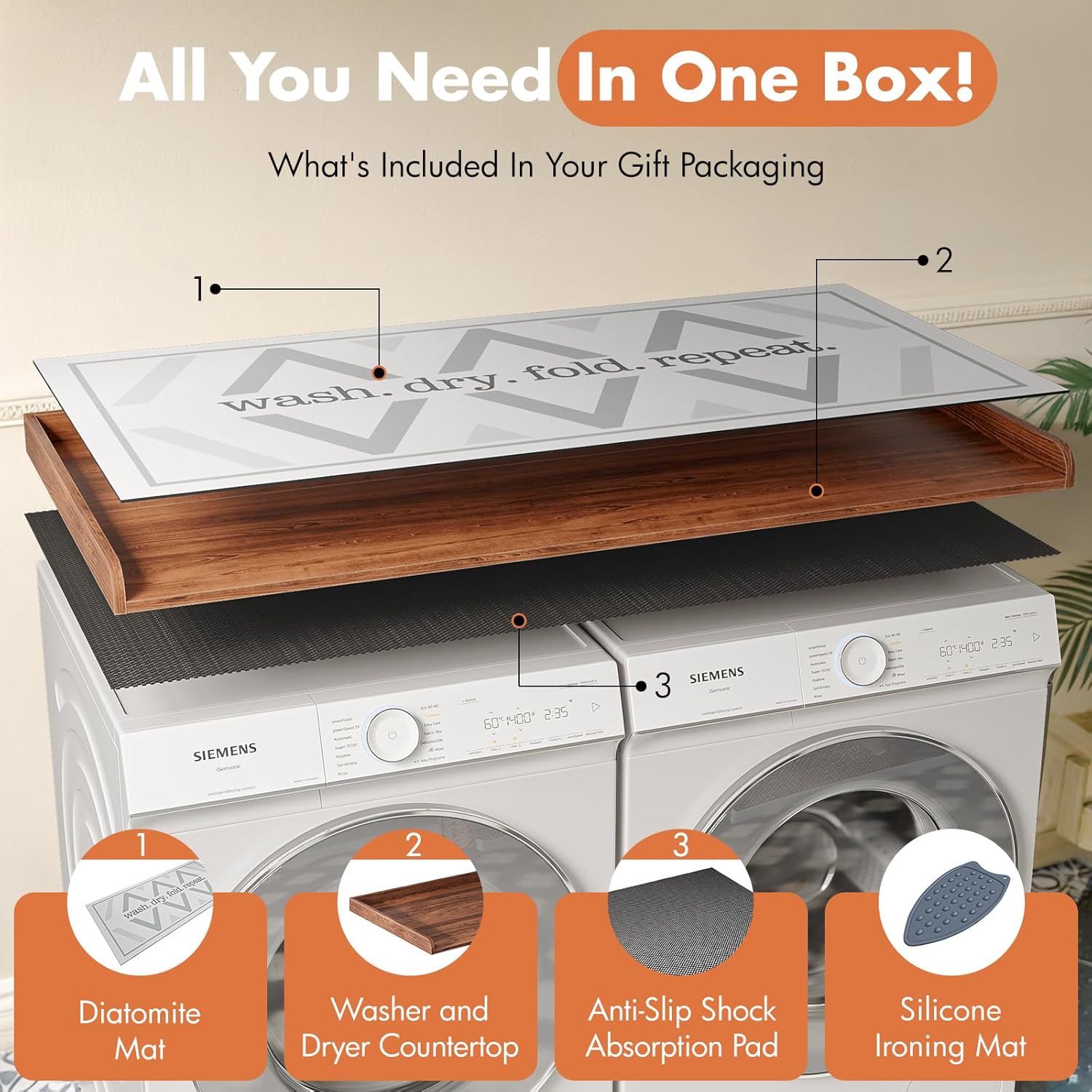 Premium Washer Dryer Countertop with Anti-Slip Pad, 54inch Laundry Room Organization Set, Stackable Storage Solution with Silicone Ironing Mat, Diatomite Mat(Brown)