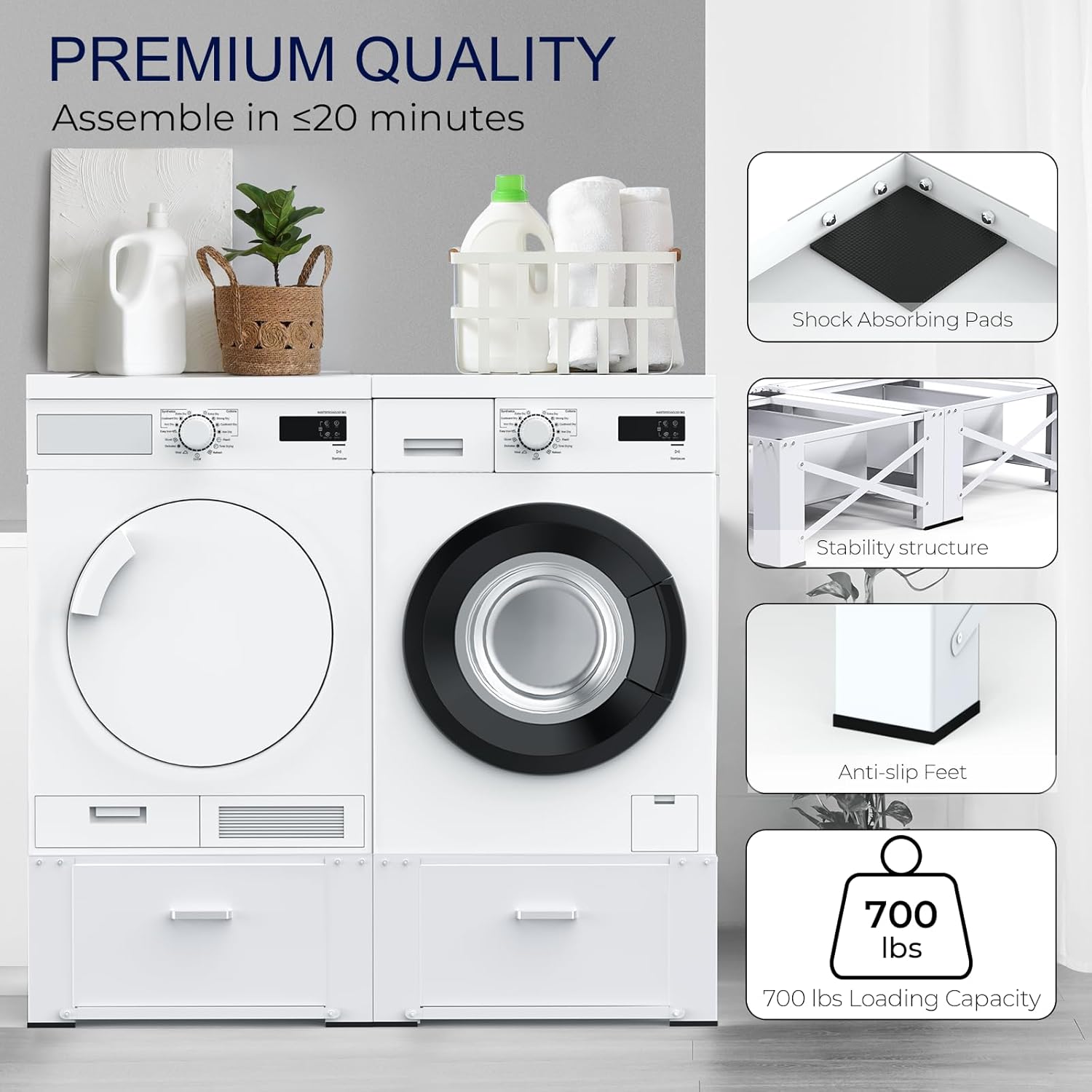 2 Pack Laundry Pedestals with Drawer, Universal Fit, 29'' x 29'' x14.3'', Heavy-Duty Steel, Washing Machine Base Stand, Dryer Base Platform, Capable of Supporting 700 lbs, White