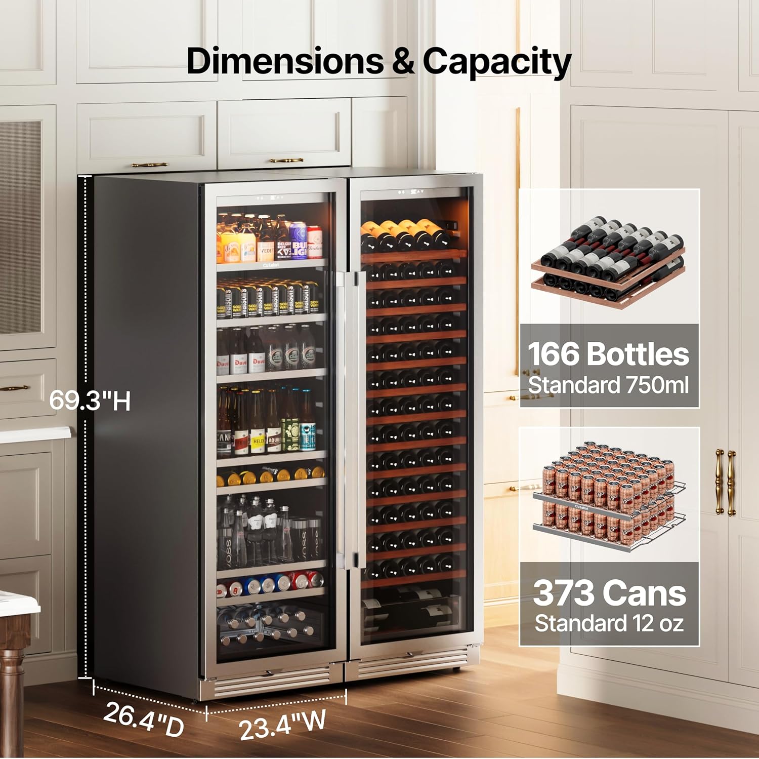 Ca'Lefort 48 Inch Wine and Beverage Fridge, 373 Can and 166 Bottle Wine Cooler Refrigerator, 34-65°F Fridge with Glass Door, 3 LED Built-in/Freestanding for Bar/Kitchen/Resterant (2 Pack Cooler)