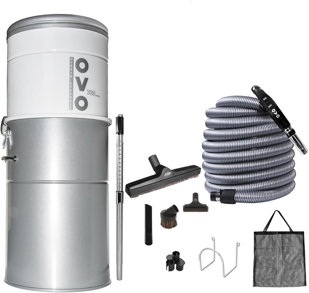 OVO Heavy Duty Powerful Central Vacuum System, Hybrid Filtration (with or Without Disposable Bags) 35L or 9.25Gal, 700 Air watts with 40ft Deluxe Accessory kit Included
